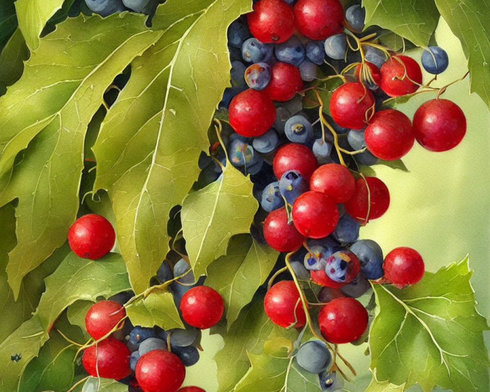 Vibrant green leaves with ripe red and blue berries clusters