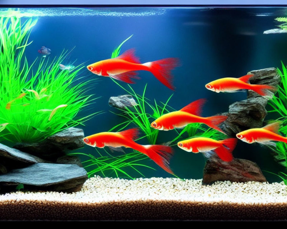 Colorful Aquarium with Green Plants, Red Fish, Rocks, and Gravel