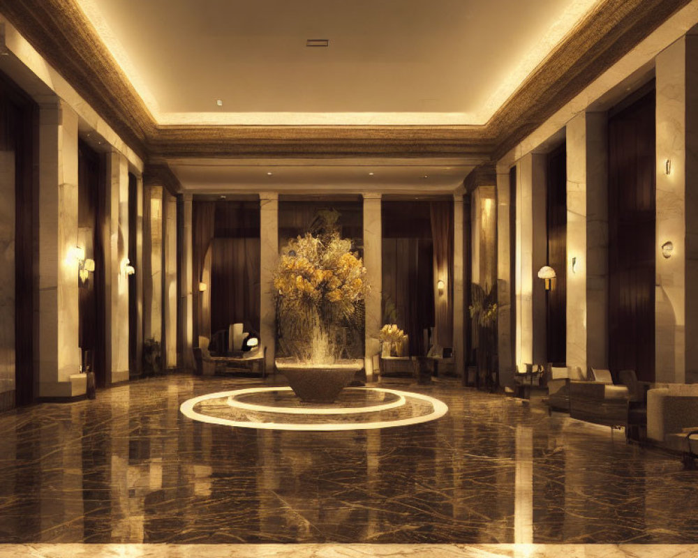 Luxurious Hotel Lobby with Marble Floors and Grand Pillars