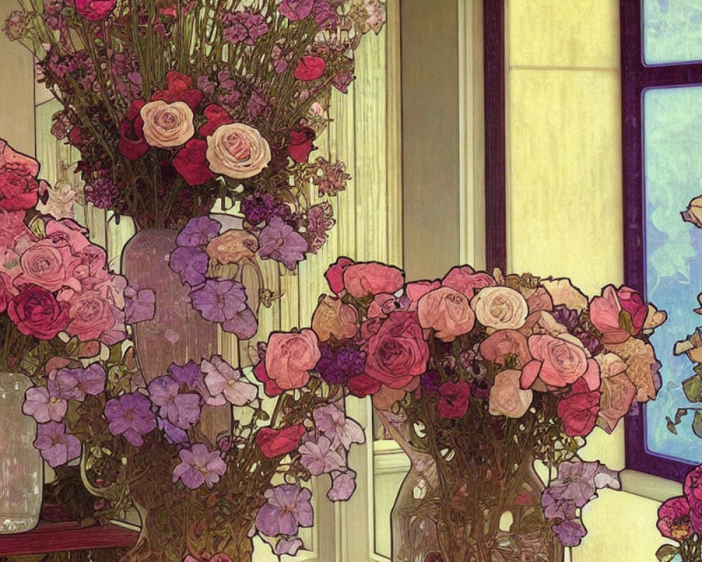 Vintage-style illustration of colorful flowers in vases by stained glass window