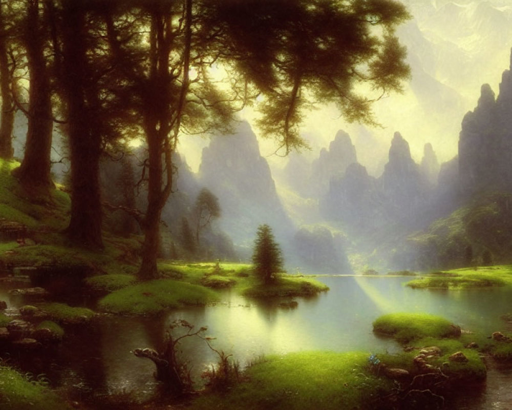 Tranquil landscape with mountains, lake, and sunlight beams