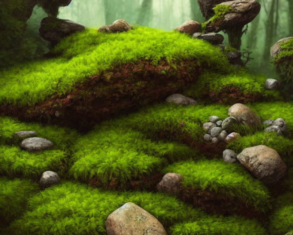 Serene mist over lush green moss forest floor