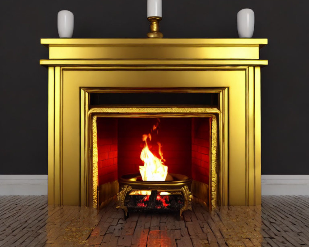 Warm Fireplace with Golden Mantelpiece and Vases on Black Wall