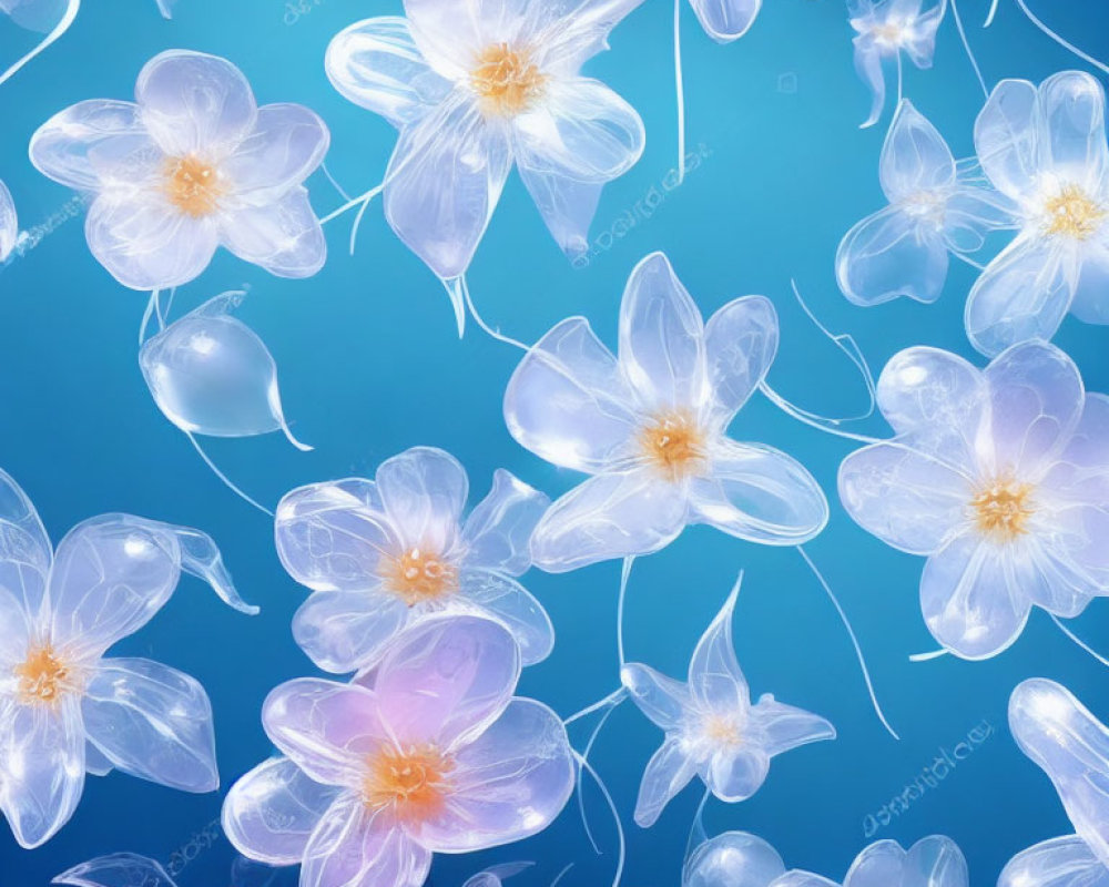 Translucent flowers with glowing centers on blue gradient background