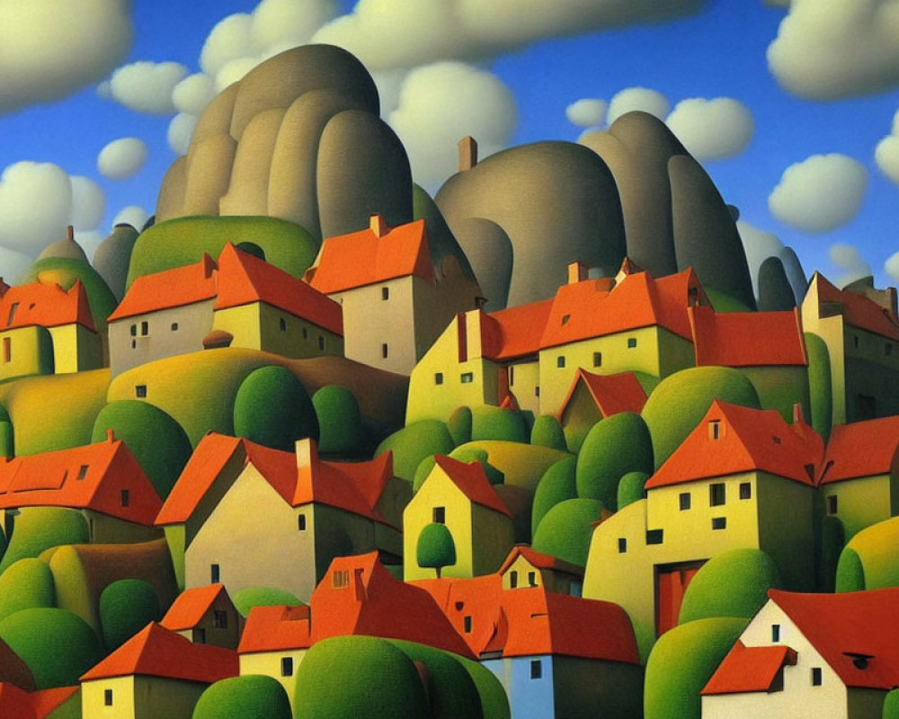 Whimsical painting: Clustered village with orange-roofed houses on green hills