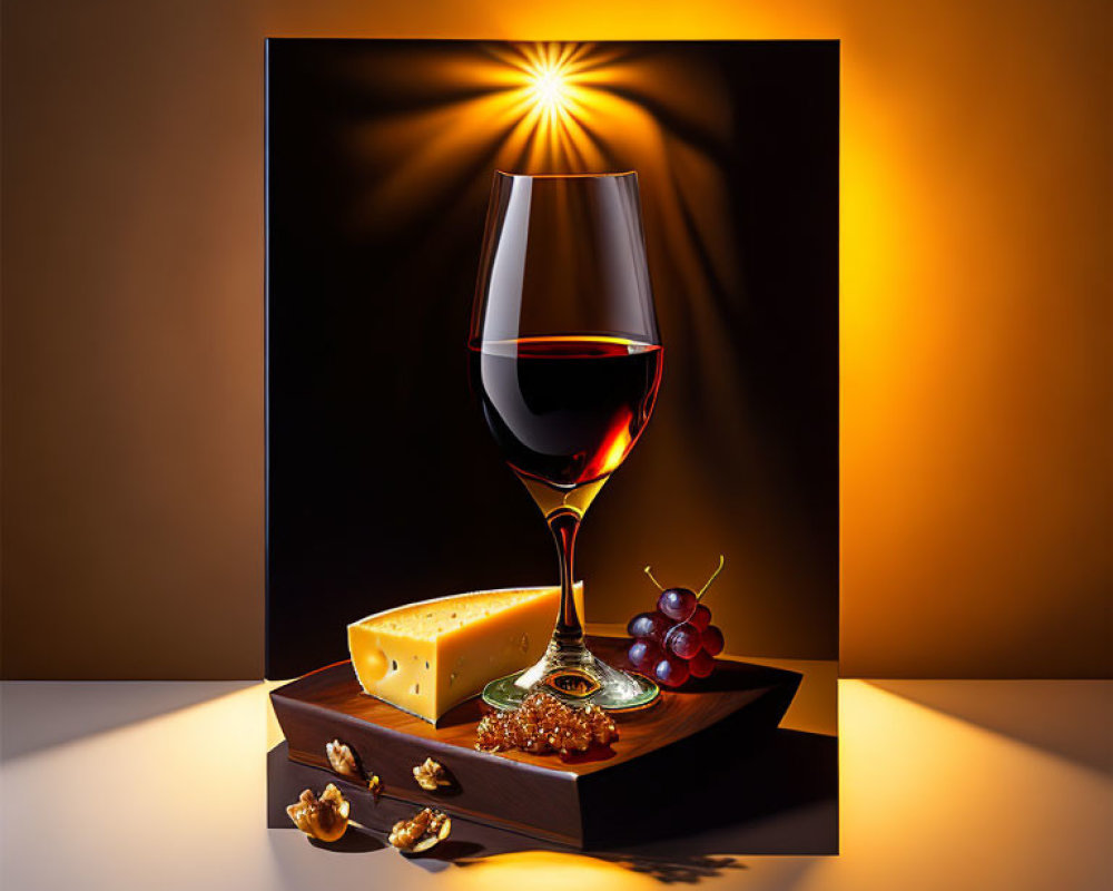 Red Wine, Cheese, Grapes, Nuts on Wooden Platter with Warm Backdrop
