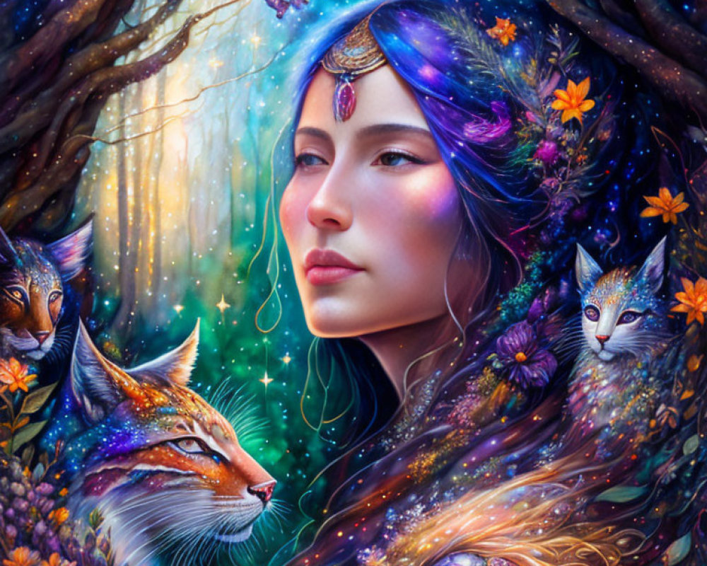 Illustration of woman with blue hair, jeweled headpiece, mystical foxes, and floral forest