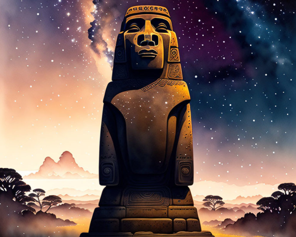 Egyptian Sphinx with Starry Night Sky and Sunset Savannah Landscape