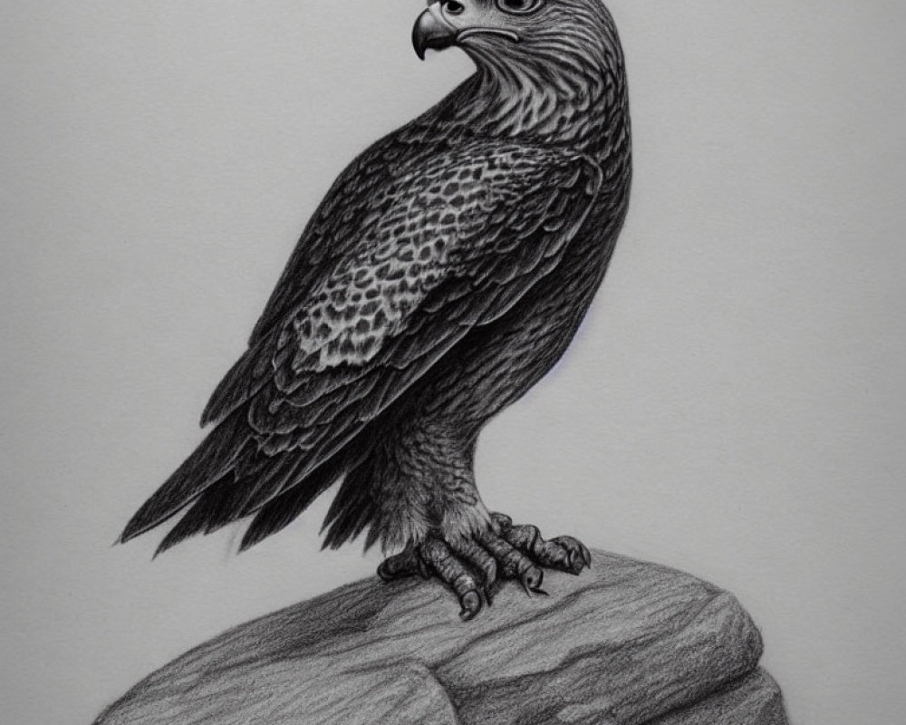 Detailed Pencil Sketch of Perched Eagle with Intricate Feather Patterns