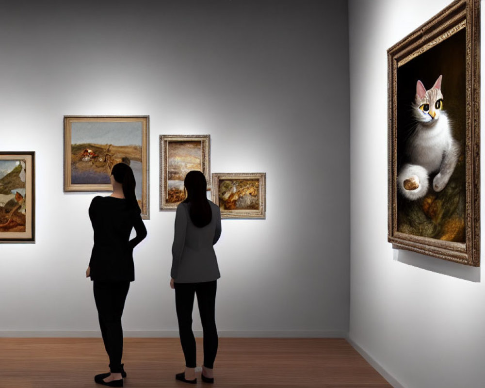 Gallery visitors admiring cat painting in frame