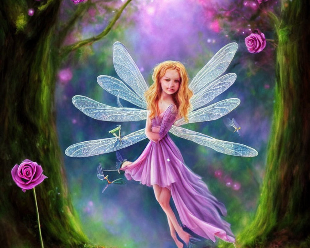 Young girl with large wings in lilac gown in magical forest with vibrant trees, roses, and lights