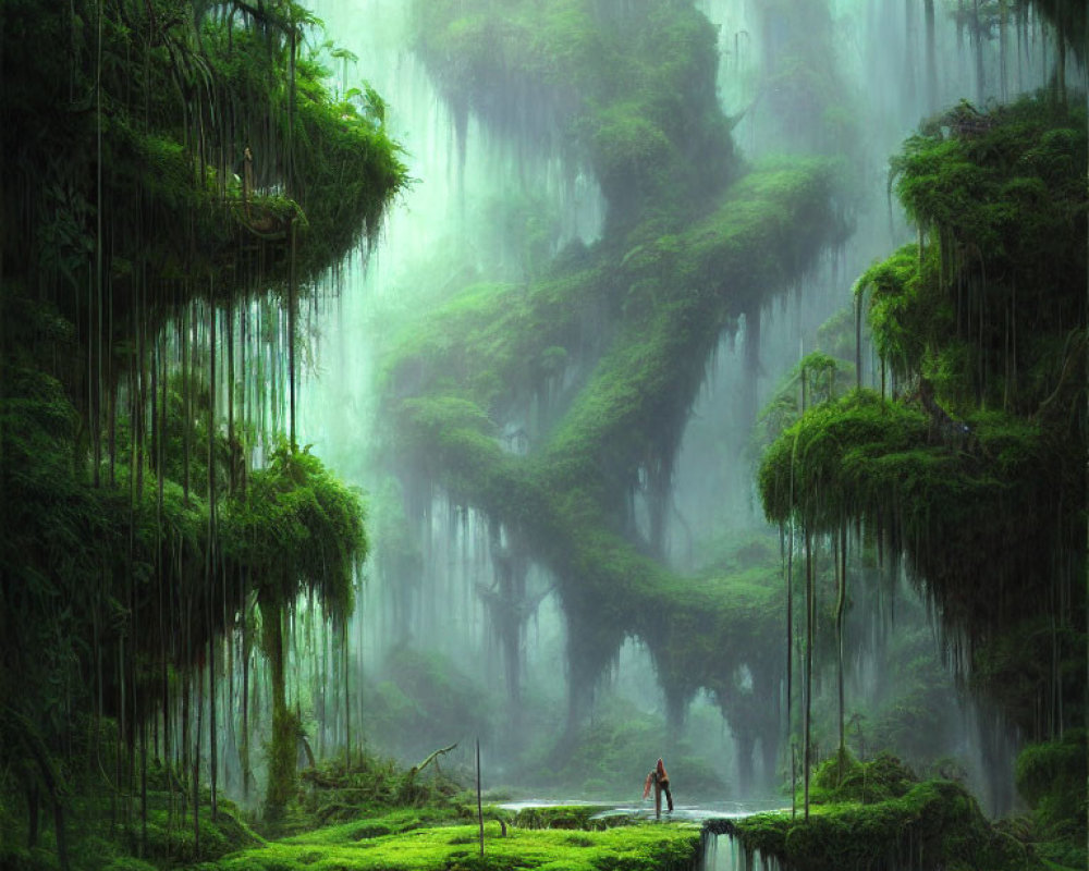 Mystical forest scene with figure and towering trees