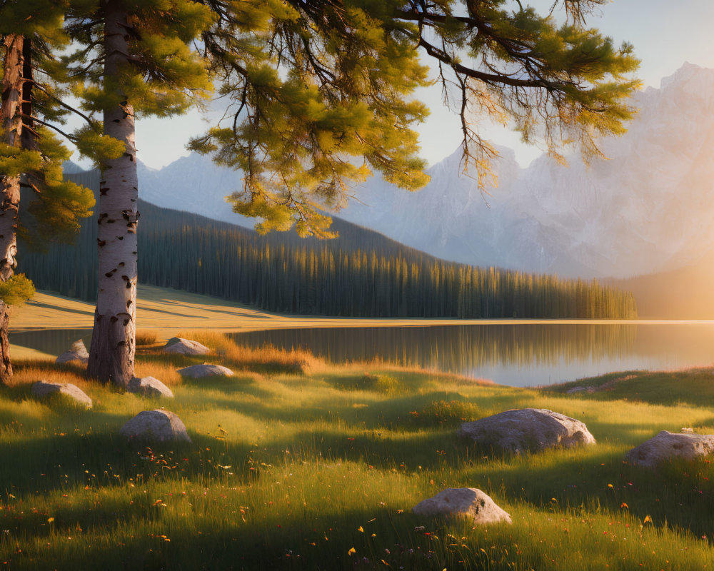 Serene sunrise scene of lake, mountains, trees, meadow, and warm light