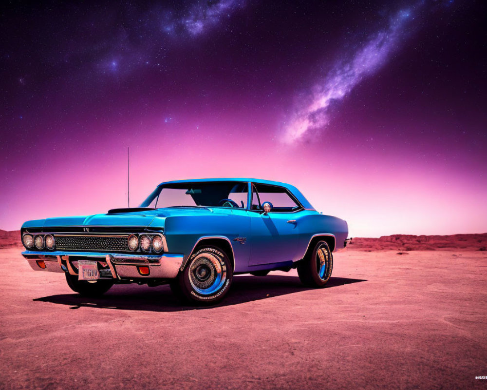 Vintage Blue Car Parked Under Starry Desert Sky with Pink and Purple Hues