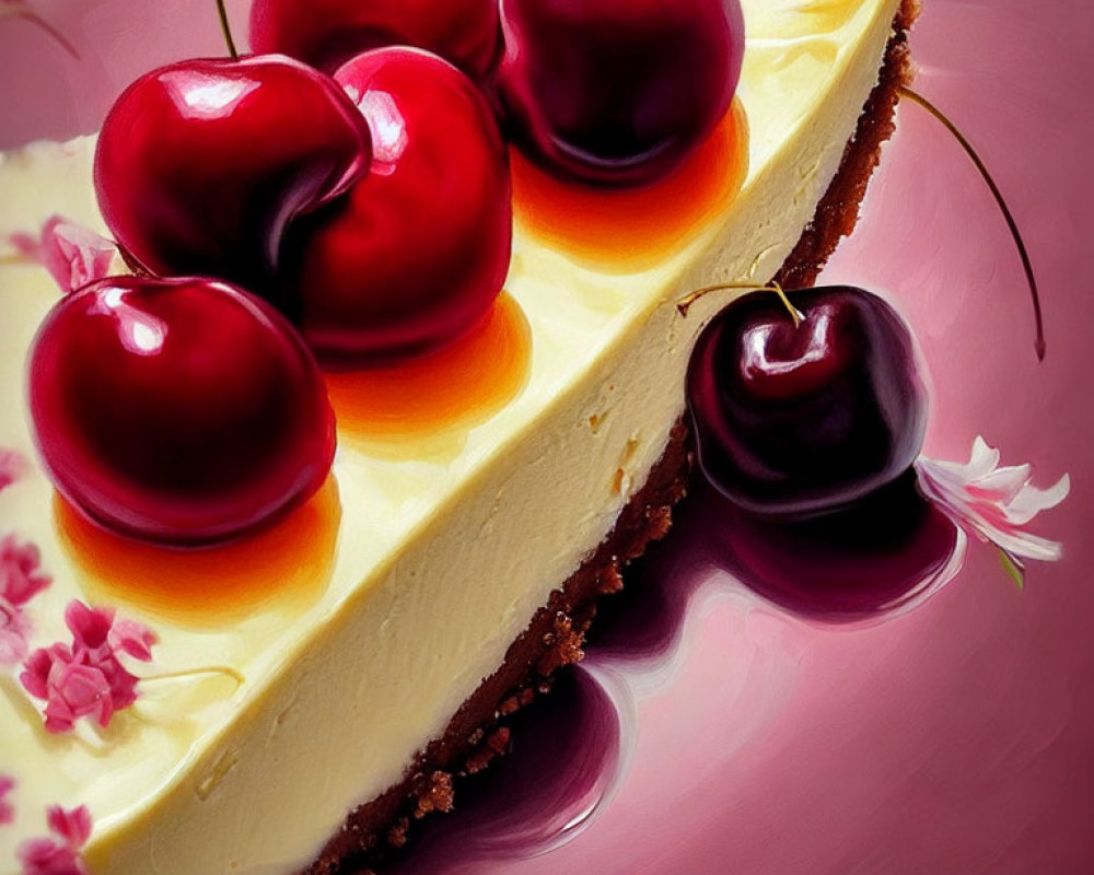 Creamy cheesecake slice with red cherries on pink floral backdrop