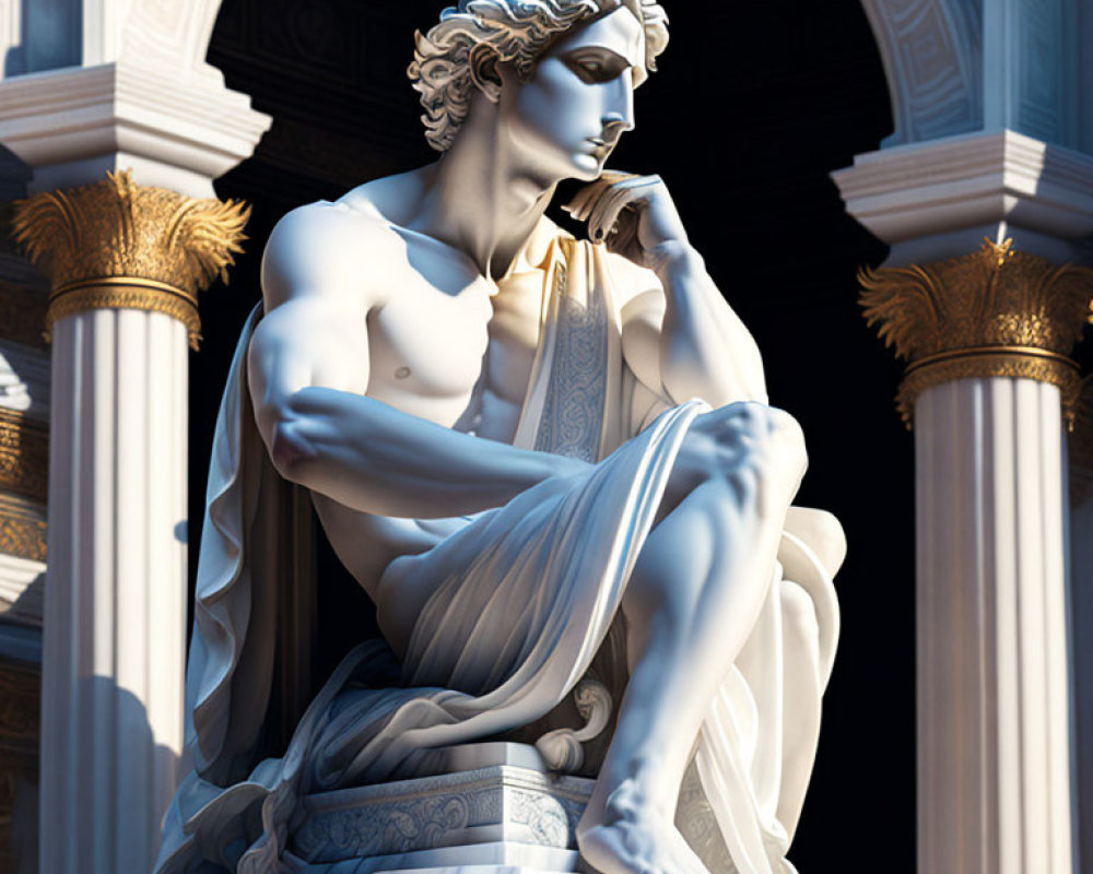 Classical seated male statue with curly hair and headband among white pillars