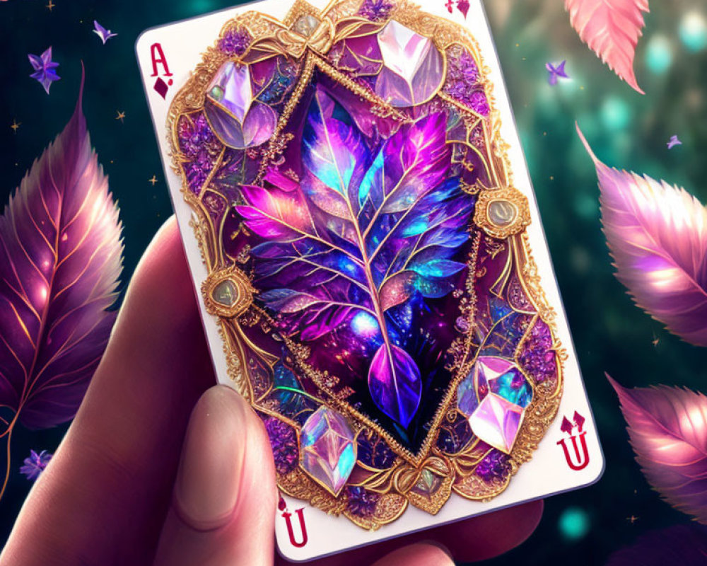 Illustrated Ace of Spades Card with Purple Leaf Design and Gold Detailing