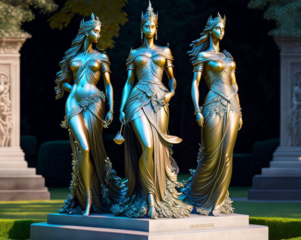 Three golden statues of mythological female figures in flowing gowns and intricate helmets on a garden pedestal at