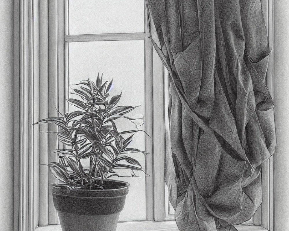 Monochrome pencil sketch of potted plant and curtain on windowsill