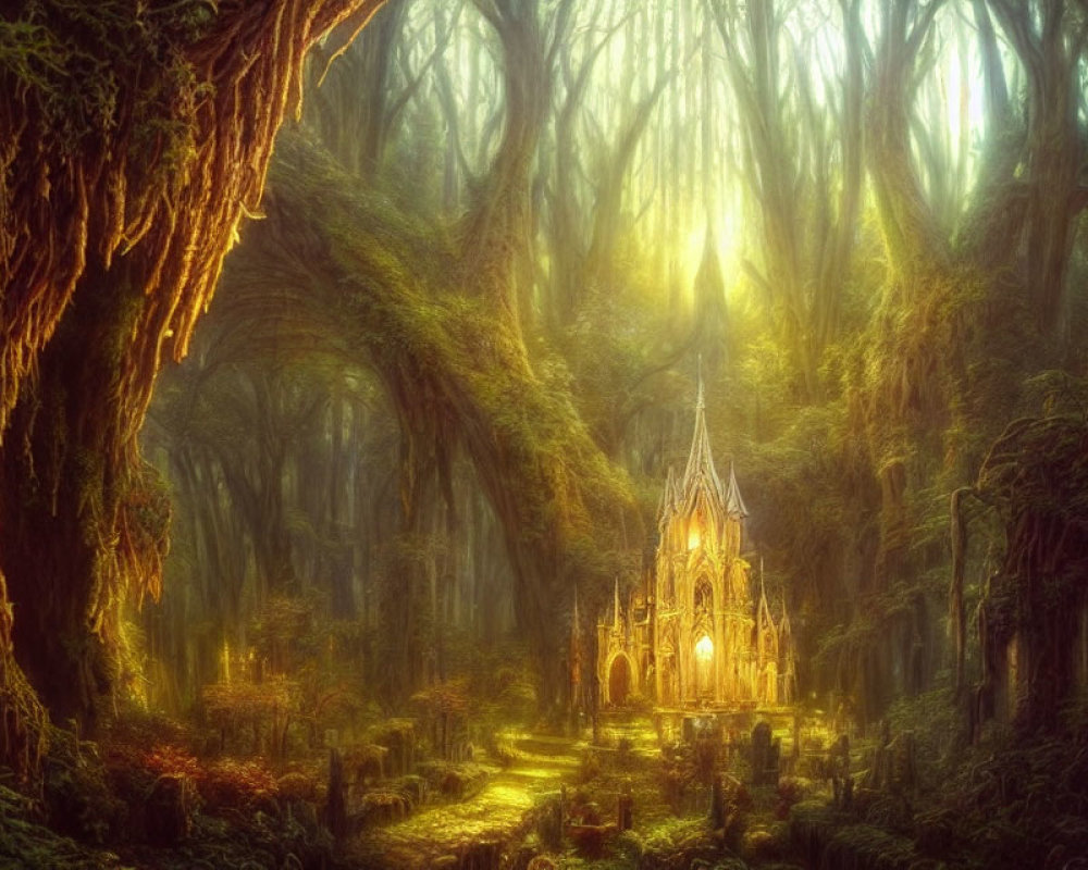 Enchanting ivy-covered church in mystical forest