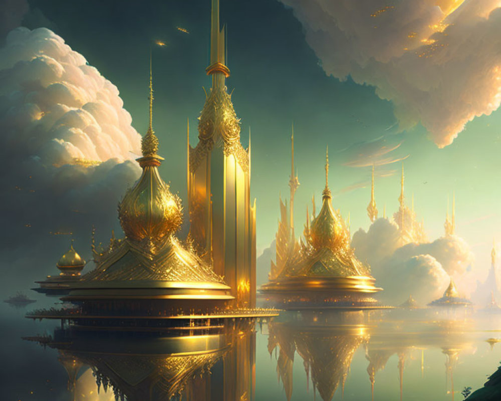 Golden city with ornate spires floating above calm lake in luminous sky