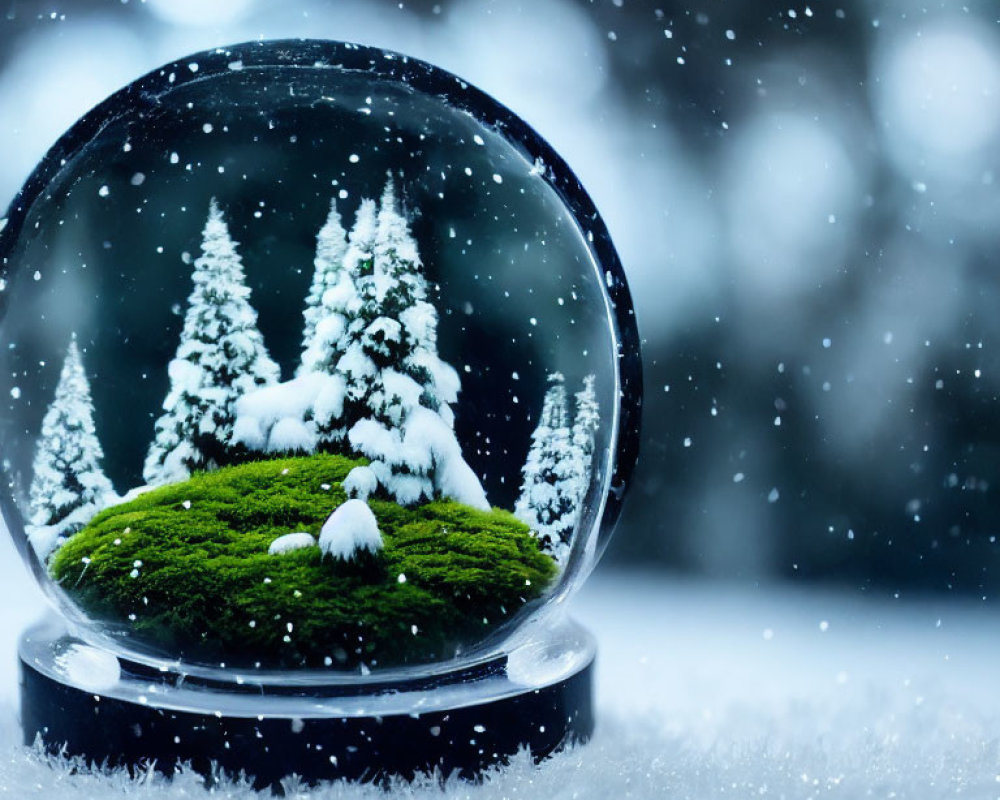 Winter Snow Globe with Snowy Pine Trees on Mossy Base