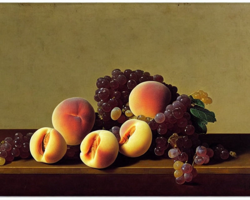 Classic Still Life Painting with Peaches and Grapes on Wooden Surface