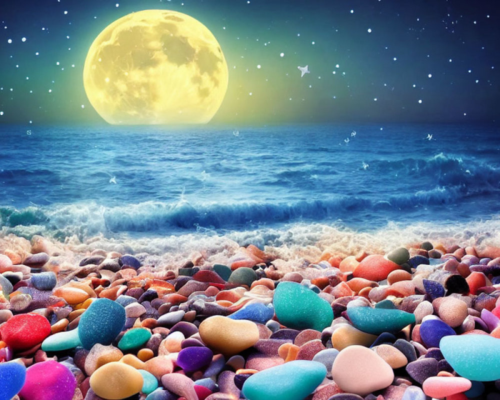 Colorful Pebble Beach Night Scene with Yellow Moon and Starry Sky