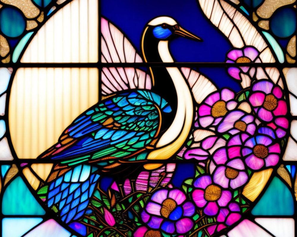 Colorful stained glass artwork with peacock, pink flowers, blue sky, and beige shapes