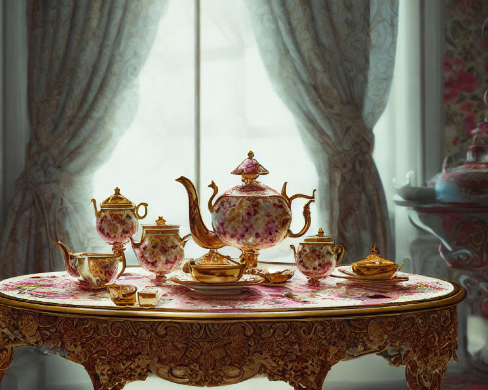 Vintage-style Tea Set on Ornate Tablecloth Near Window