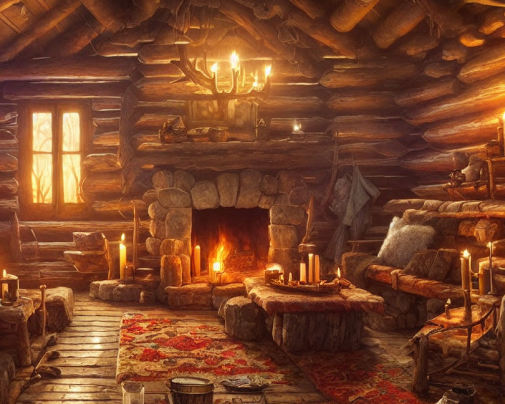 Rustic log cabin interior with fireplace, candles, and warm lighting