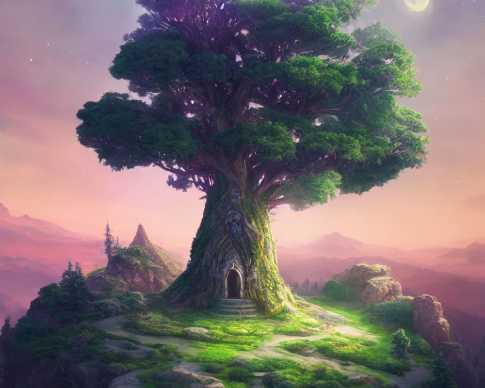 Mystical giant tree with door on hill under twilight sky