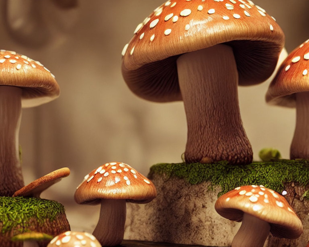 Realistic Red Mushrooms with White Spots on Mossy Surface