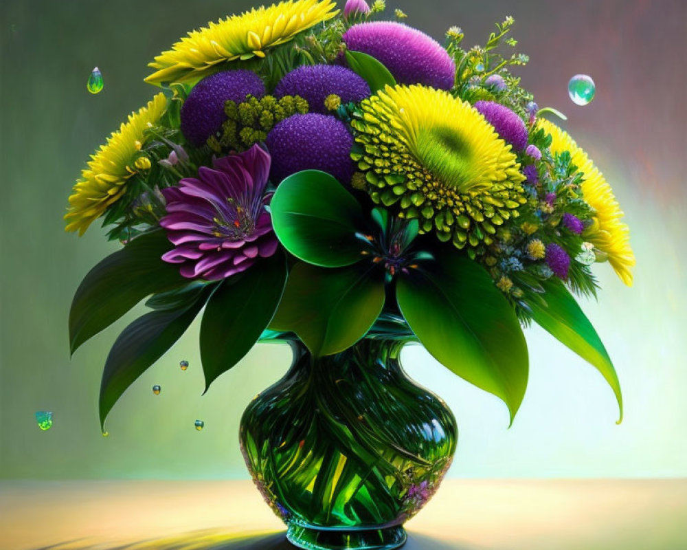 Colorful flowers in green vase with water droplets on soft backdrop