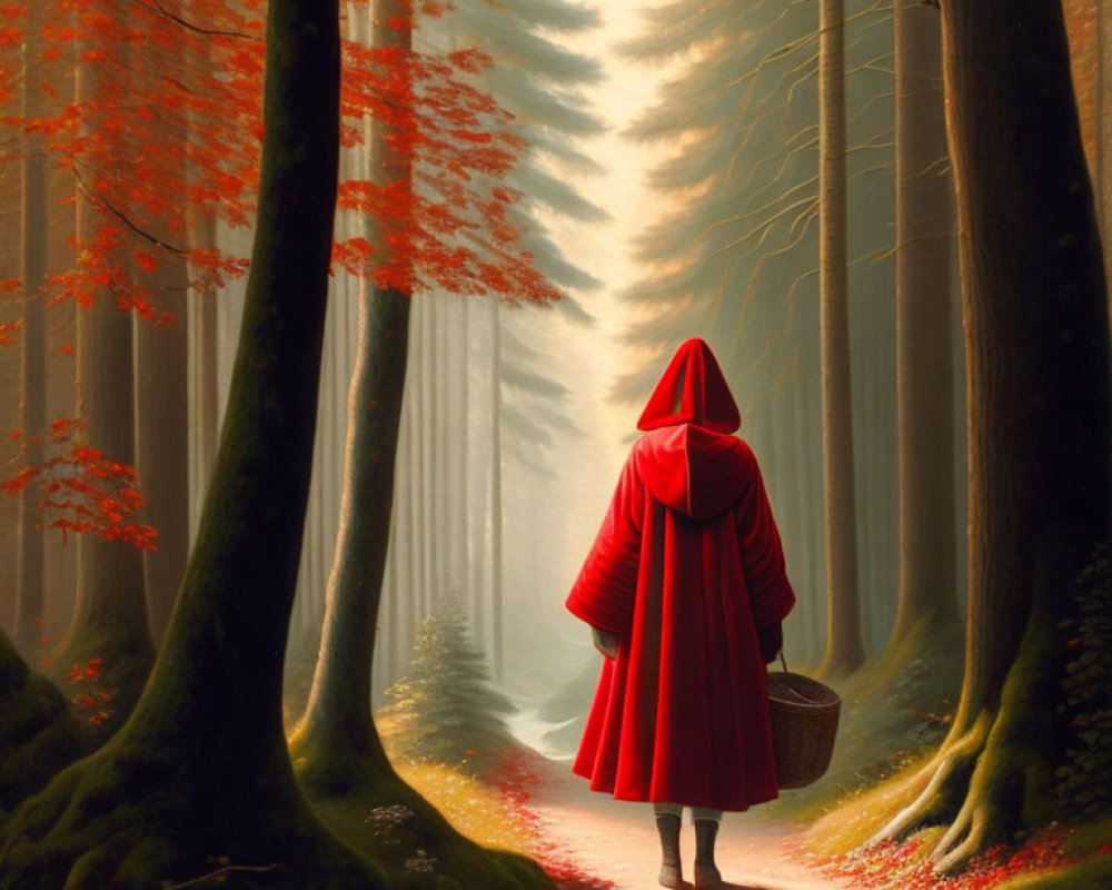 Person in red cloak walking forest path with autumn leaves and basket.