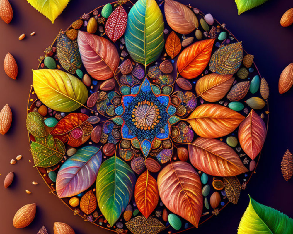 Colorful Circular Leaf Pattern with Nuts on Dark Background