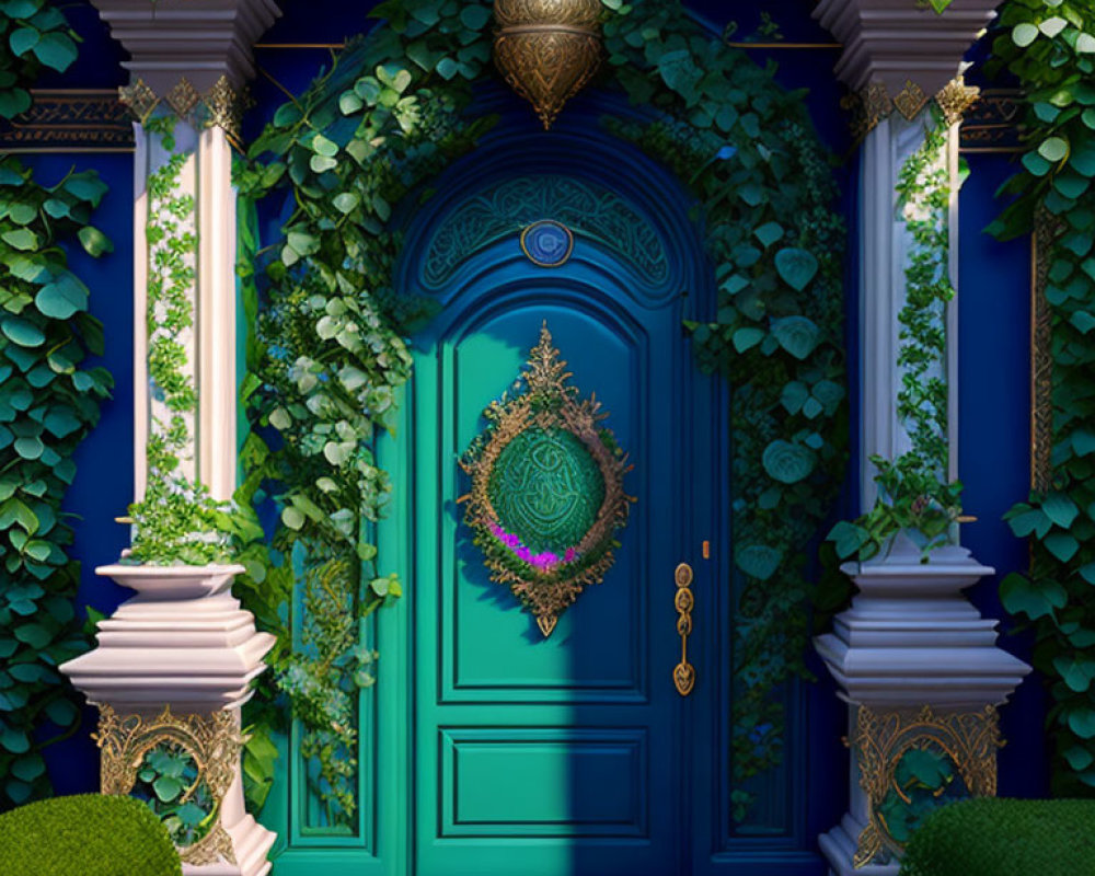 Teal Door with Peacock Motif and Ivy Under Night Sky