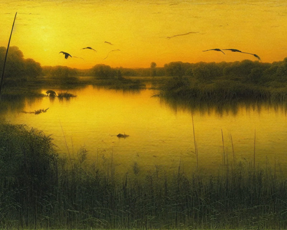 Tranquil sunset landscape with flying birds over reflective water and lush greenery.