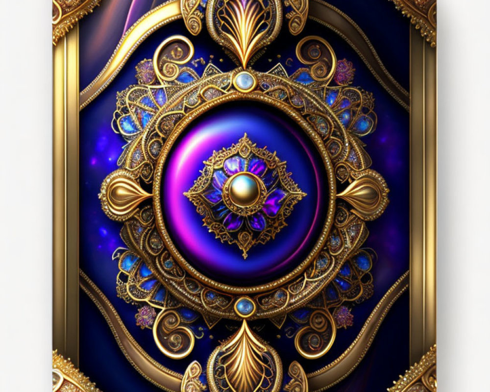 Intricate Golden Filigree Design on Blue and Purple Background