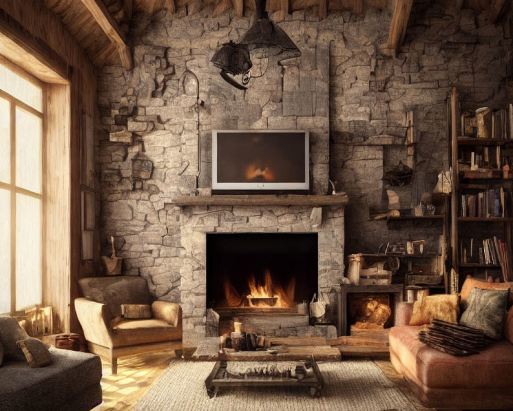 Rustic living room with fireplace, stone walls, wooden beams & vintage decor