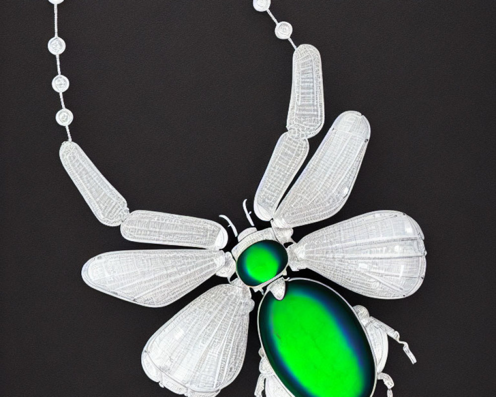 Silver Necklace with Large Green Beetle-Shaped Gemstone