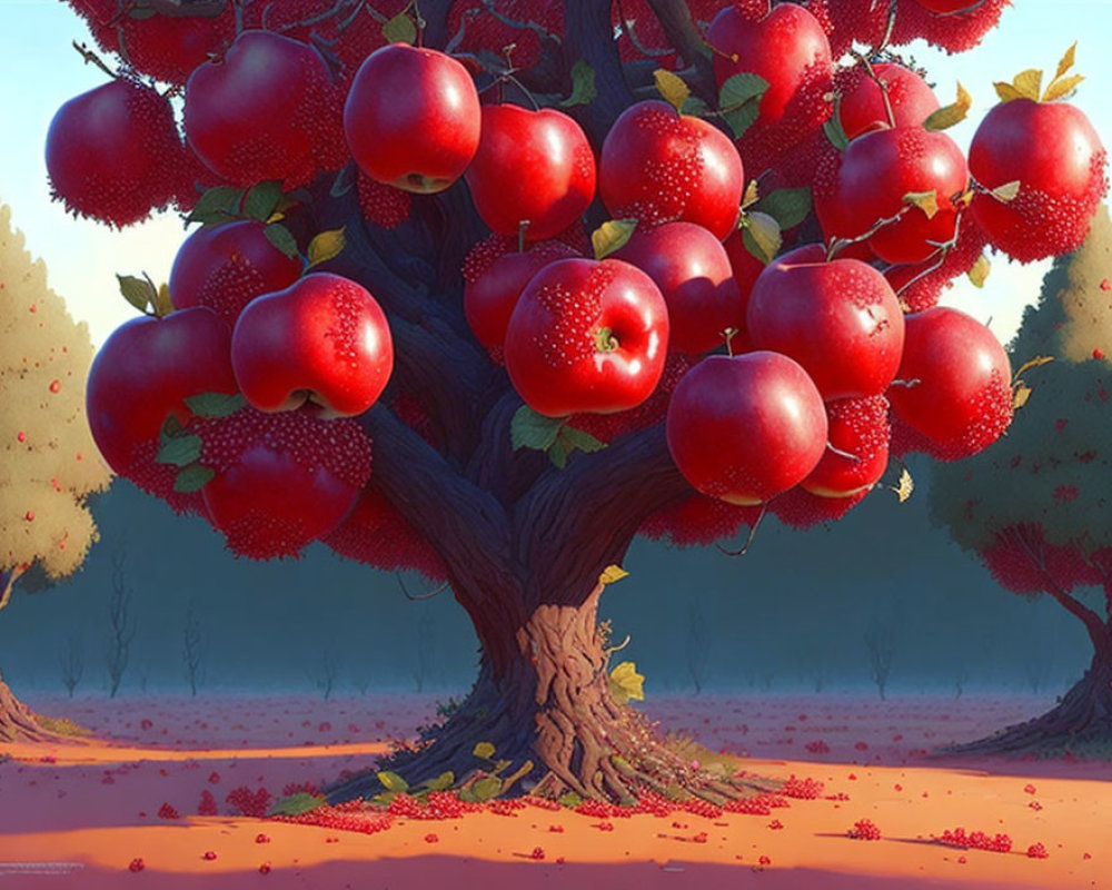 Serene orchard scene with lush apple tree and oversized red apples