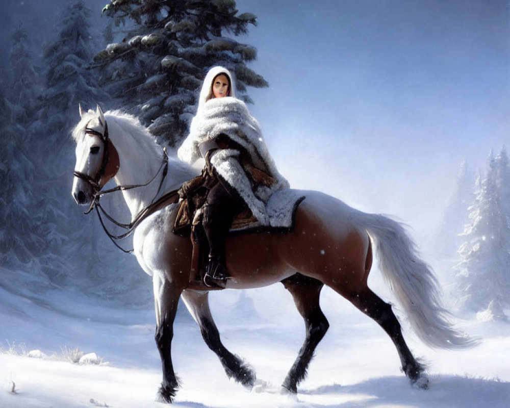 Person in white winter cloak on white horse in snowy landscape with evergreen trees