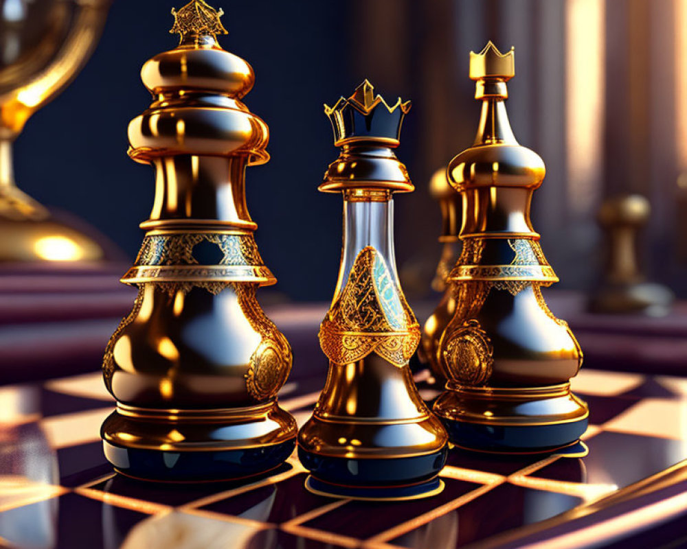 Golden Chess Set with Intricate Designs on Reflective Board