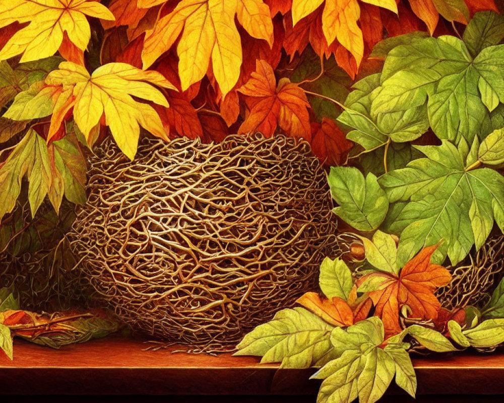 Detailed Illustration of Vibrant Autumn Leaves and Twig Nest