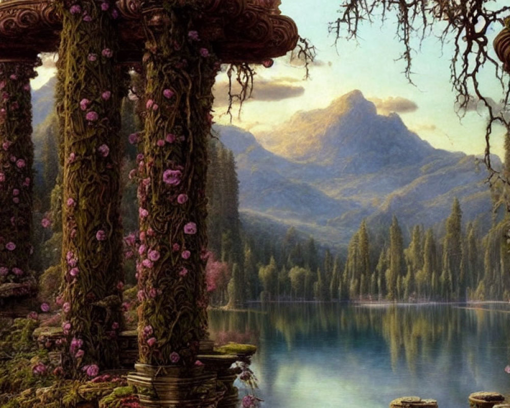 Tranquil lakeside view with pink flowers, columns, forest reflection
