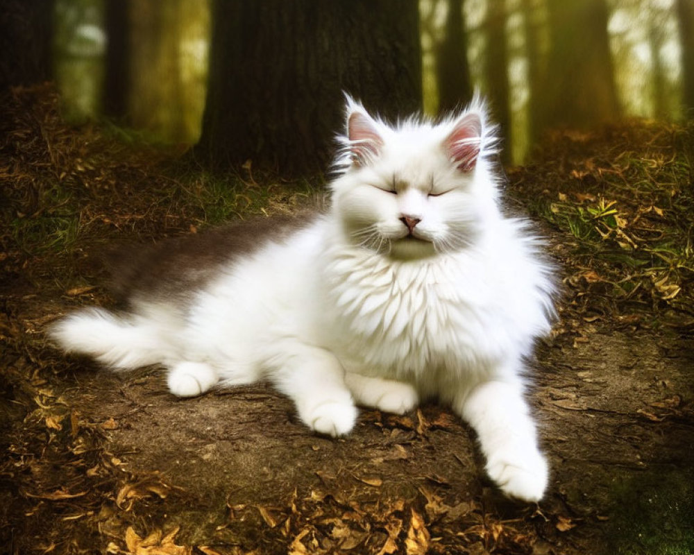 Fluffy White Cat with Luxurious Mane Resting in Sun-Dappled Forest