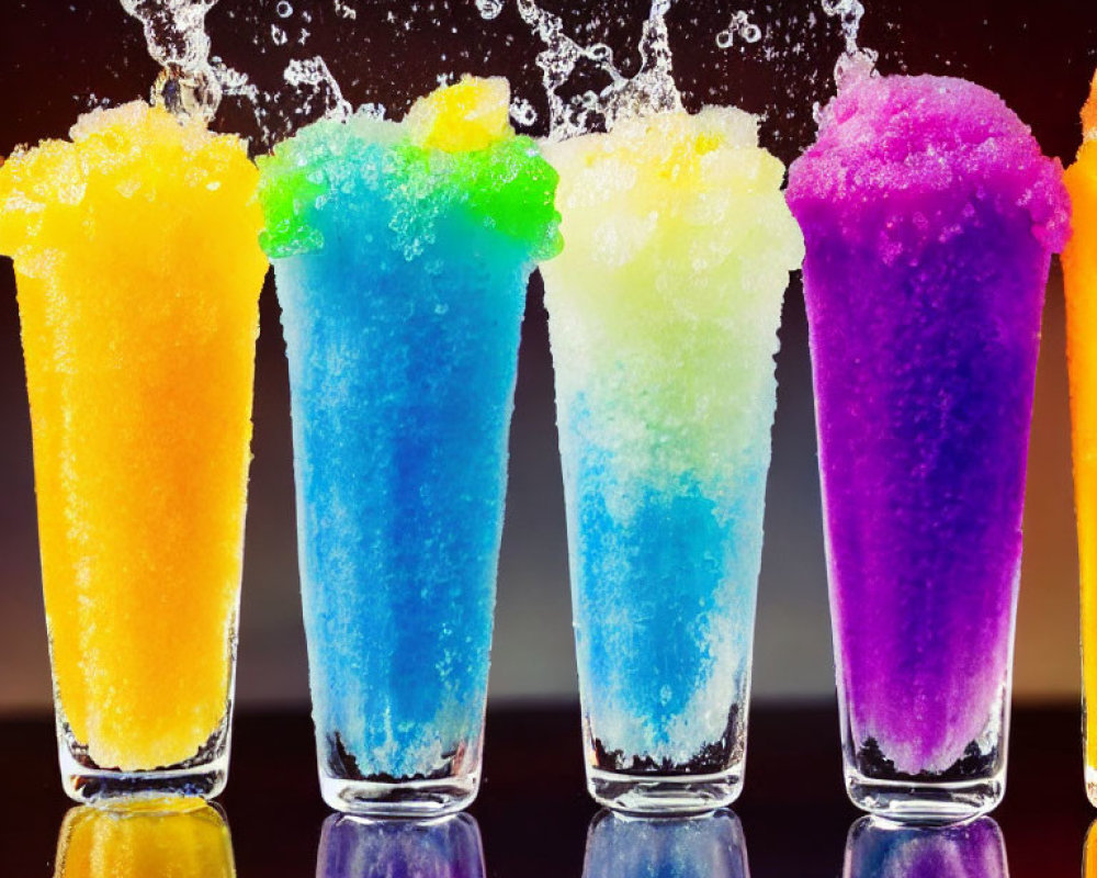 Vibrant slushies in clear glasses with colorful splashes on dark background
