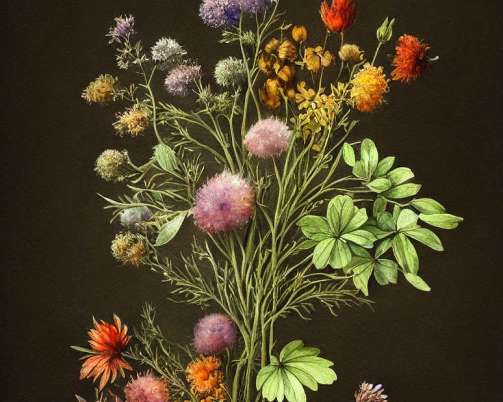 Vibrant botanical wildflower illustrations on dark backdrop