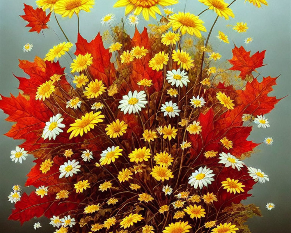 Colorful autumn bouquet with yellow daisies and white flowers on muted backdrop